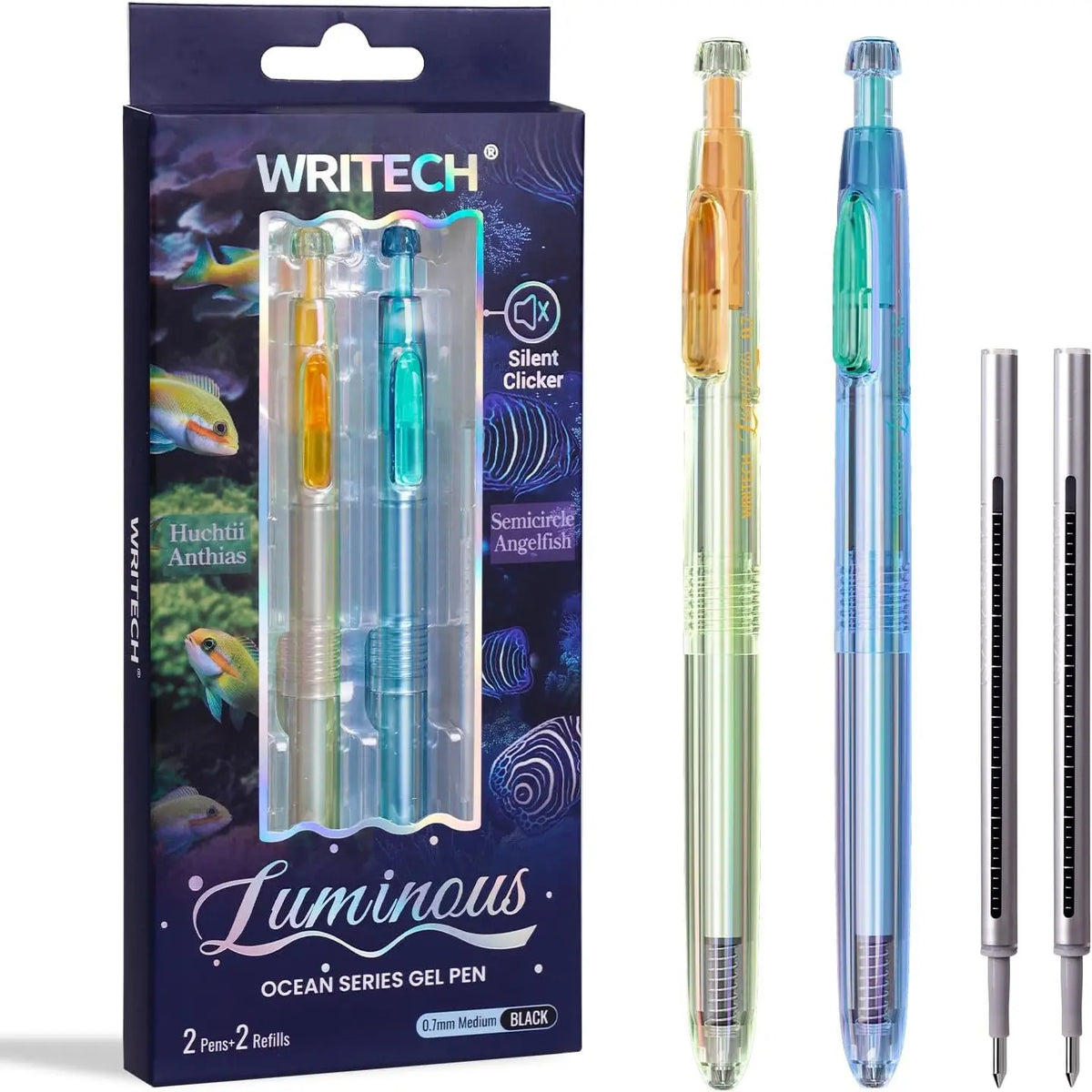 WRITECH Luminous Gel Pens Medium Point: Luminous pen set 0.7mm, Black Ink, Includes 2 Pens and 2 Refills, Silent Clicker, Smooth Writing for School Office & Everyday Use