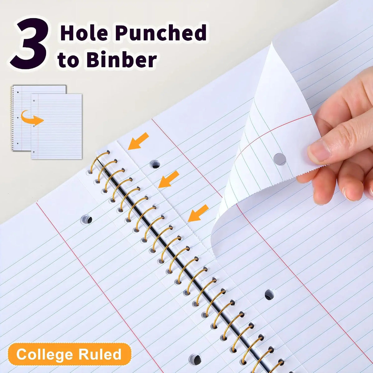 Spiral Notebook College Ruled Paper 8" x 10-1/2", 1 Subject Spiral Notebook, 3-Hole Punched Perforated Pages Ideal for School, Office, Writing, 95 Sheets Lined Journaling Notebook, Black