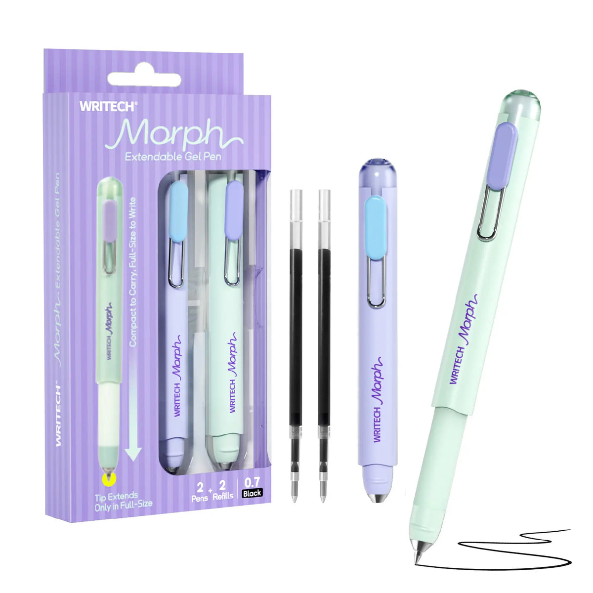 WRITECH Morph Extendable Gel Pen: 0.7mm Black Ink Mini to Full Size Soft Grip Portable Extendable Pocket Pen Set with 2 Pens and 2 Refills