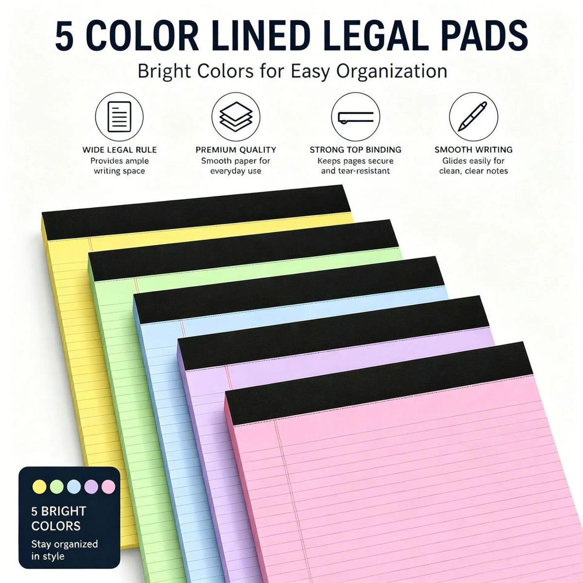 5 Pack Wide Legal Pads , 11" x 9.5" Landscape Set Of Pink Purple Blue Green Yellow College Ruled Note Pad Narrow Ruled 30 Sheets per Notepad Perforated Writing Paper Thick Backboard Horizontal Pads of Paper Office Stationery Supplies Student Essentials