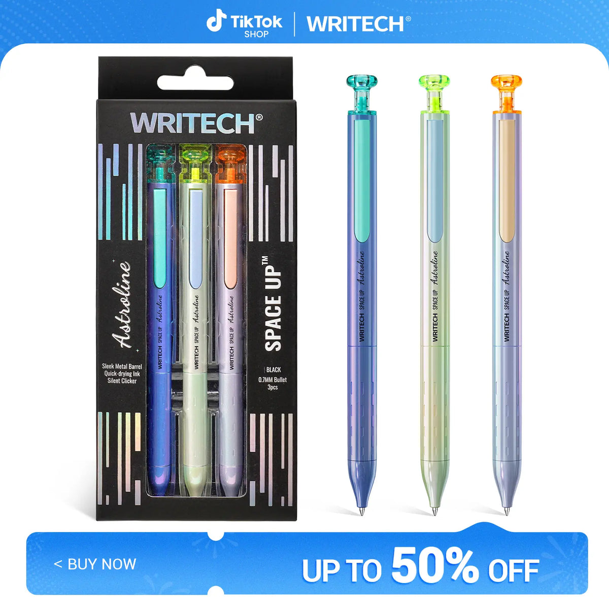 WRITECH Gel Pens Black Ink Sleek Metal Barrel 0.7mm Retractable Quick-Drying Space Up Astroline Silent Clicker No Smear Office Supplies Writing Tools