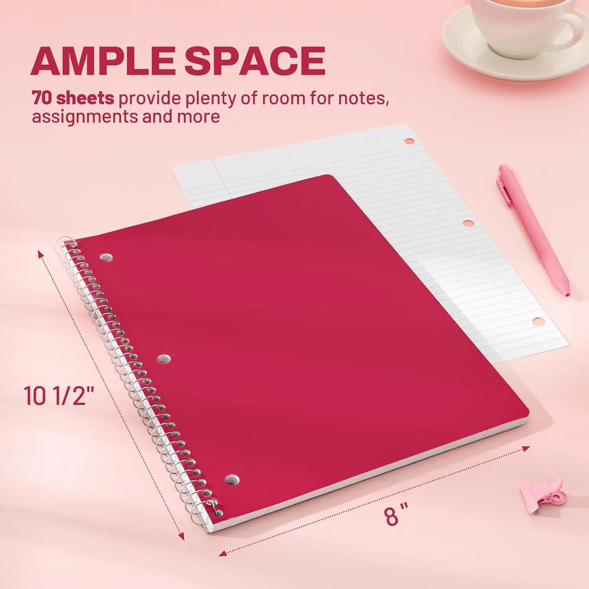 Modern Spiral Notebooks 3-Pack, 1-Subject College Ruled, 8" x 10.5", 70 Sheets Each, Cherry & Green, Back to School Office Stationery for College School Supplies Haul