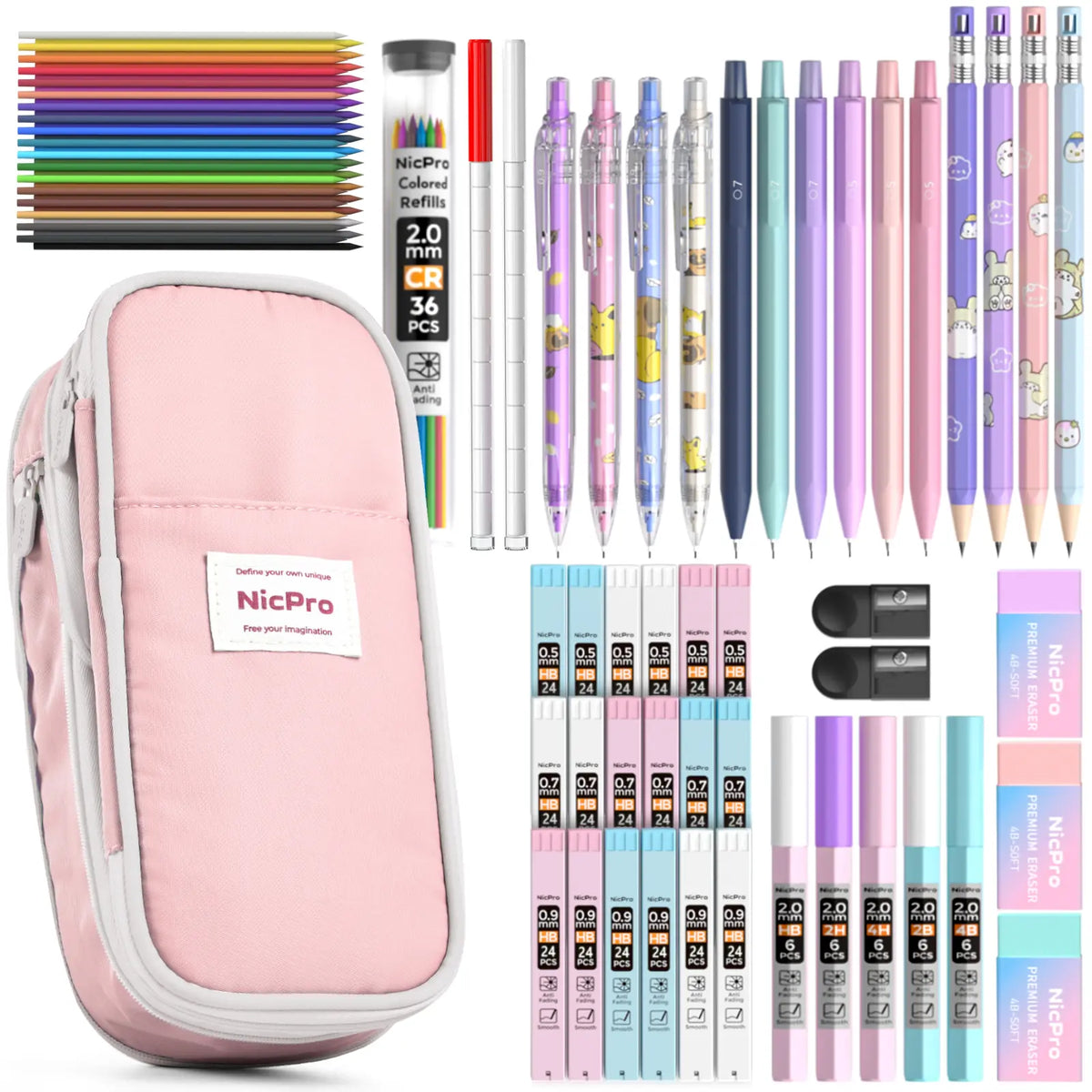 Nicpro Stationary Set, Cute Office & School Supplies with Big Capacity Pencil Pouch, 6 Pastel 0.5-0.7mm Smooth-Writing Mechanical Pencils & Markers for Students,back to school,back to school shopping,back to school,back to school haul