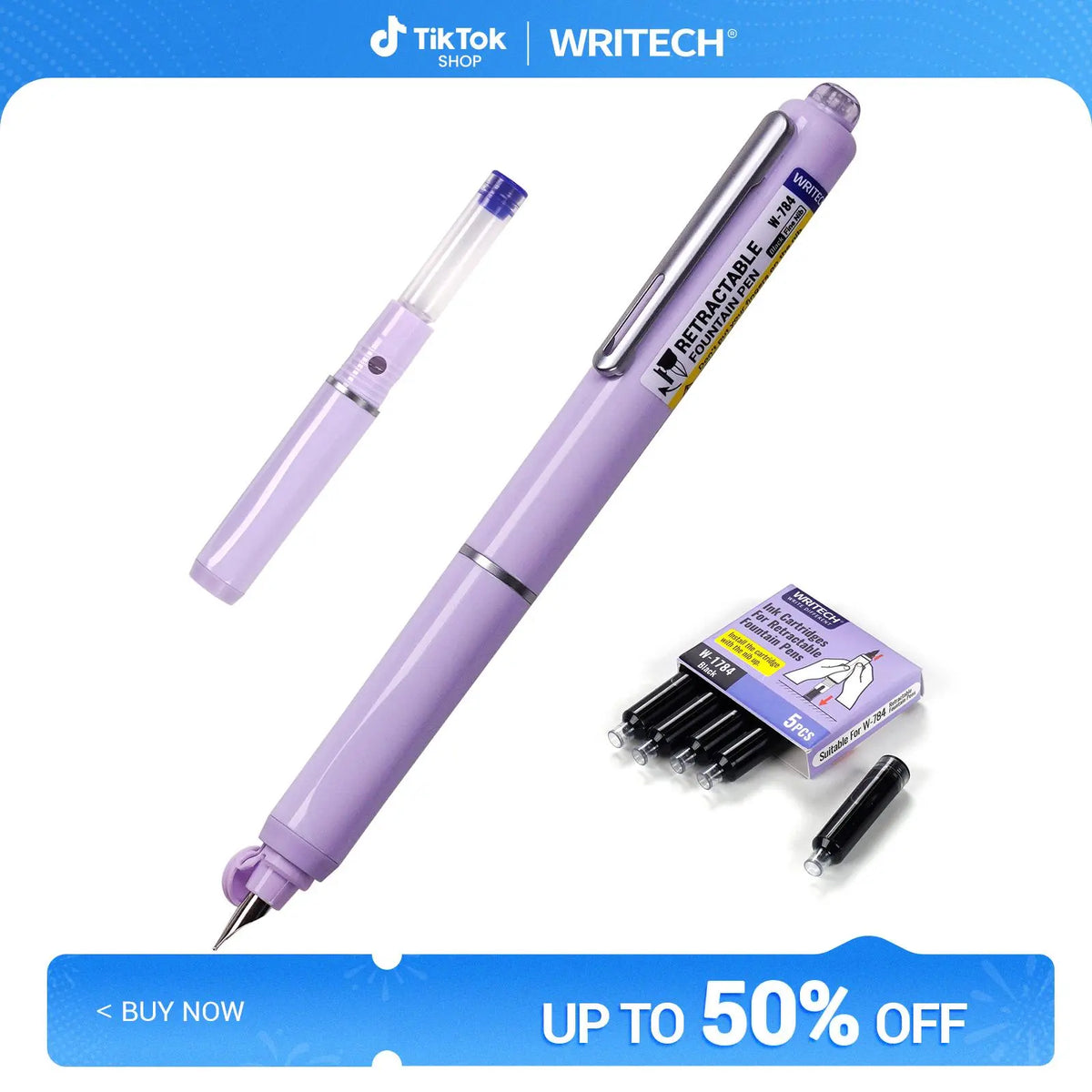 WRITECH Clictek Fountain Pen Set Retractable Style Blue Ink Medium Nib Transparent Barrel, Includes 5 Ink Cartridges for Gift Set Writing Tools Stationery Office Supplies