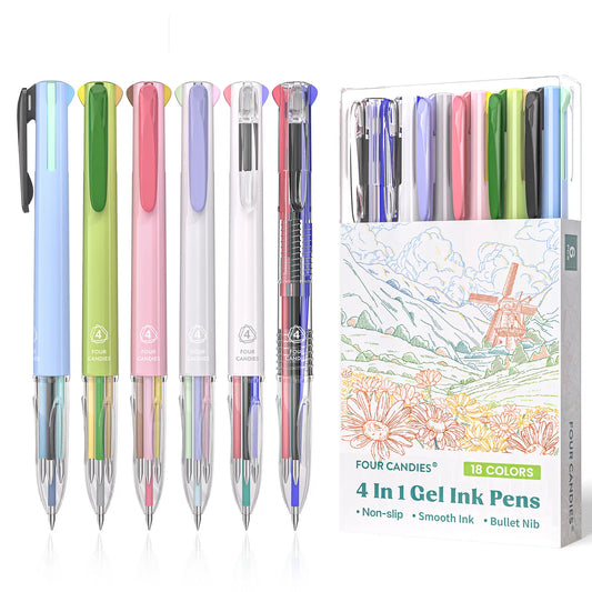 Four Candies 6 PCS Multicolor Pen, 0.5mm Colored Gel Pens, 4-in-1 Multicolor Gel Ink Pens, 18 Colors Retractable Ink for Office, School & Back to School Supplies,back to school,back to school haul