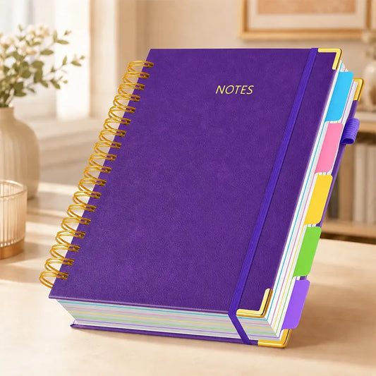 A5 Spiral PU Cover Hardcover Notebook - Flat Binding, 300-Page 100GSM Thick Lined Paper, 5-Subject Organizer with Removable Dividers & Tabs, Back to School Haul College Journaling Supplies for Students, College Supplies, Faux Leather,sohochic