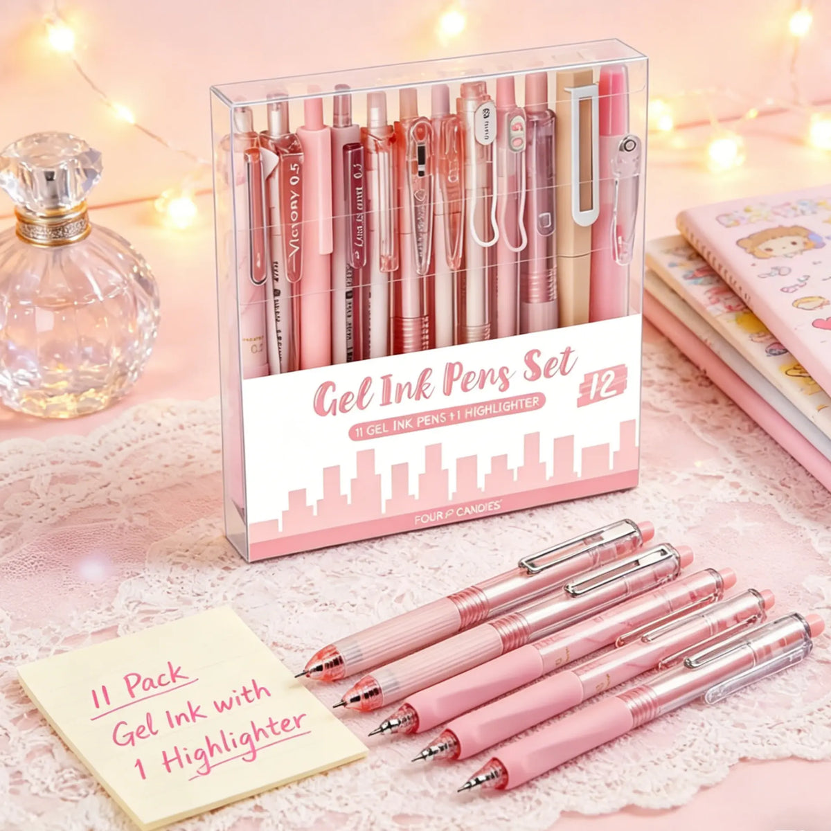 Four Candies 12PCS Pastel Gel Pen Set, Cute 0.5 mm Fine Point Writing Pens with 10 Black,1 Pink Ink,1 Highlighter, Quick Dry Aesthetic Girly Stationery Desk Accessories for Students, Notebook Writing,School & Office back to school supplies