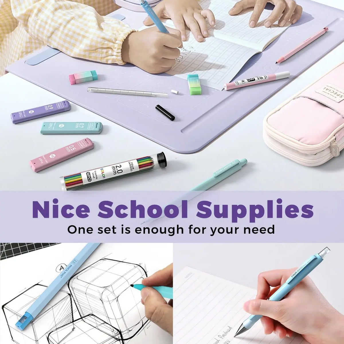 Four Candies 36PCS Learning Materials, Aesthetic School Supplies in Large Capacity Pencil Case, 12PCS Mechanical Pencils 0.5-2.0mm with 624PCS Lead Refills,Cute Aesthetic Mechanical Pencils for Writing,Drawing & Drafting, Back to School Supplies Shopping