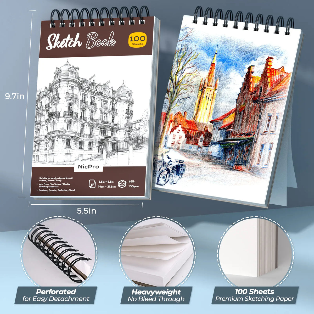 Nicpro 58-Piece Deluxe Leather Case Art Set - Office Stationery Kit with Sketchbook Art & Writing Tools, Artist Hand Drawn Supplies, Artist Quality Graphite Mechanical Pencils, 0.5/0.7/0.9/2mm Metal Drafting Pencils, 12-Micron Pen, 30 Lead Refills