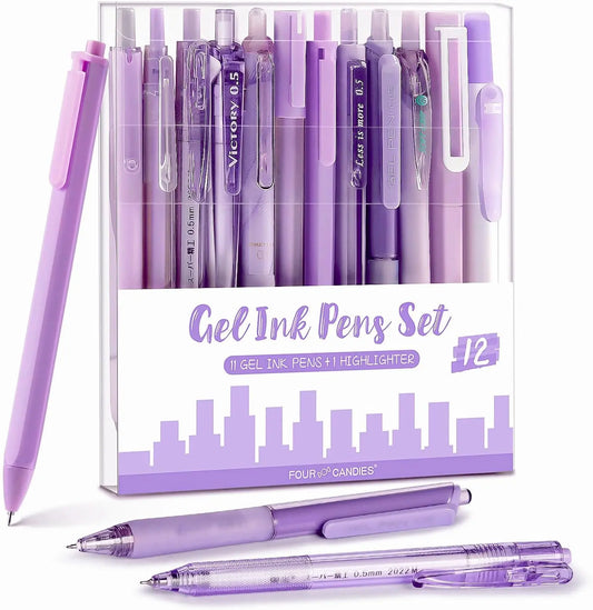 Four Candies 12Pack Retractable Gel Pens,0.5mm Fine Point Pastel Gel Pen Set,Note Taking Aesthetic Pens, 10 Black,1 Pink Ink with 1 Highlighter,Smooth Writing magical Pens gift(Pink/Blue/Brown/Green/Purple)back to school Supplies