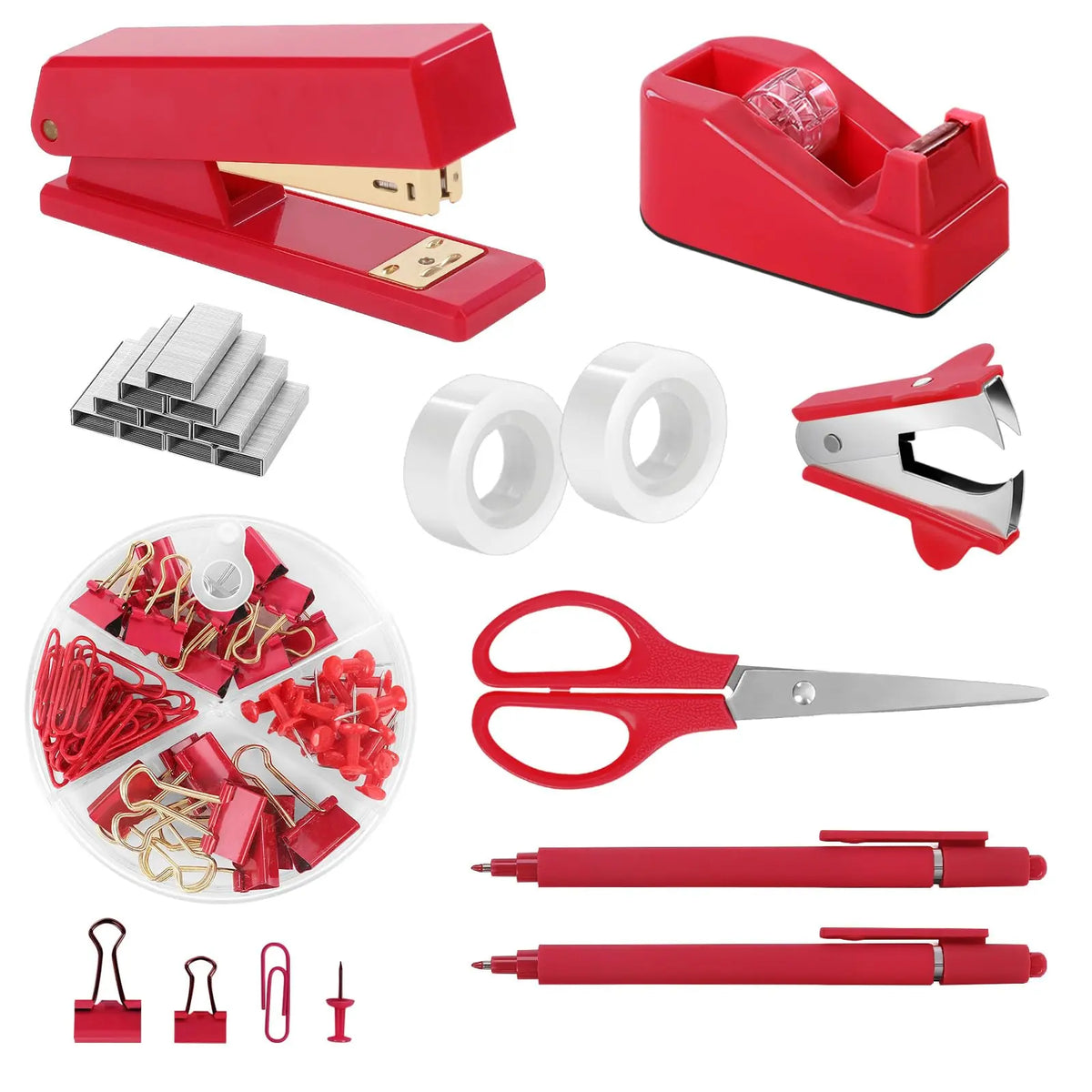 SKYDUE Pink Multifunctional Home Office Stationery Set - Office Accessories, Desk Accessories, Girly College School Supplies, Teacher Stuff, Space-Saver, Includes Stapler, Tape Dispenser, Scissors, Clips, 1000pcs Staples, Ideal for Women, Birthdays