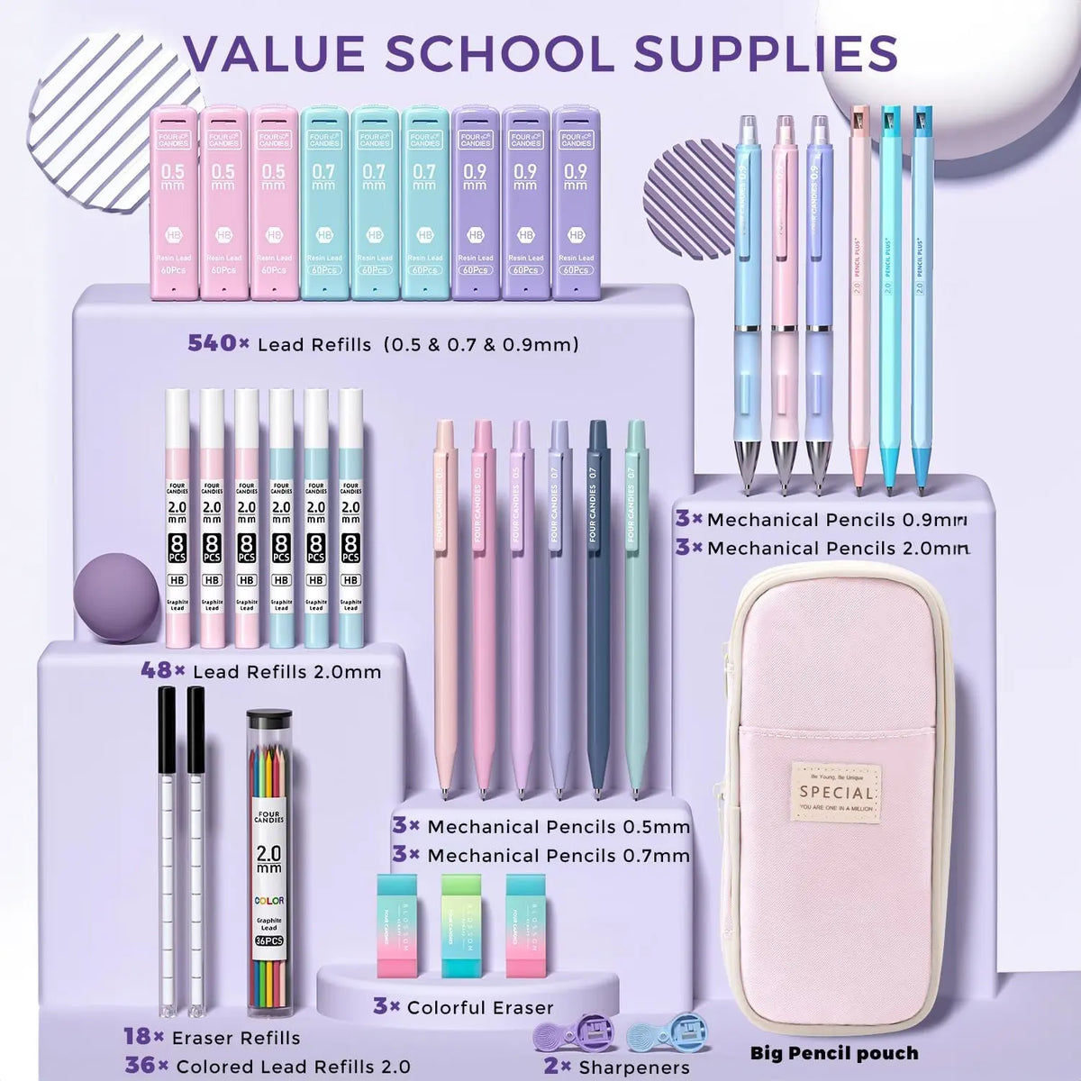 Four Candies 36PCS Aesthetic School Supplies, Mechanical Pencils 0.5mm, 0.7mm, 0.9mm & 2.0mm with 624PCS Lead Refills,Cute Mechanical Pencils for Writing,Drawing & Drafting，girly office supplies, Student Essentials, school supplies art work,Stationery Set