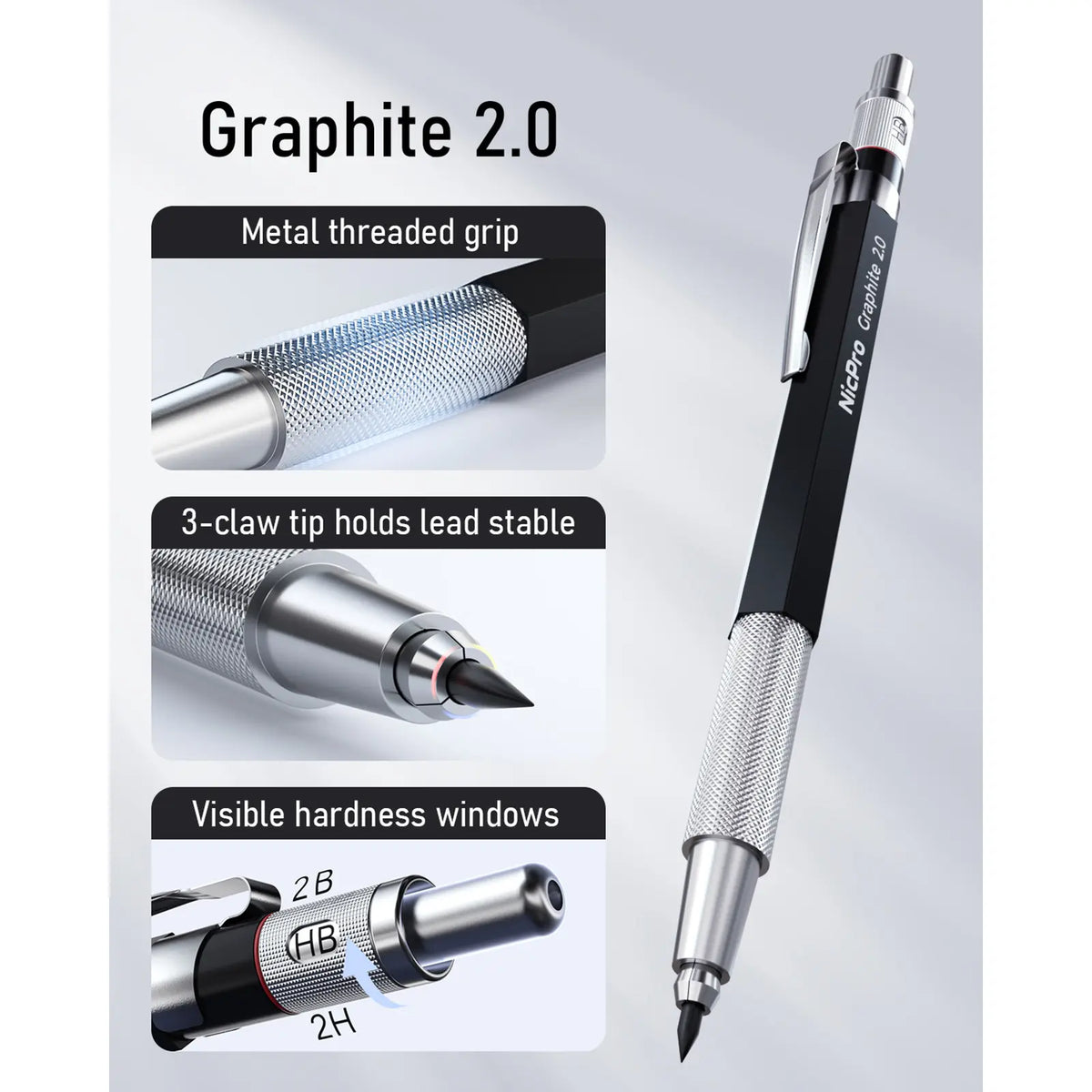 Nicpro 2.0 mm Compact Metal Mechanical Pencil Set - Graphite Mechanical Pencils, Lead Holder with Lead Refills Case for Writing, Sketching (Office Stationery Writing Tool)