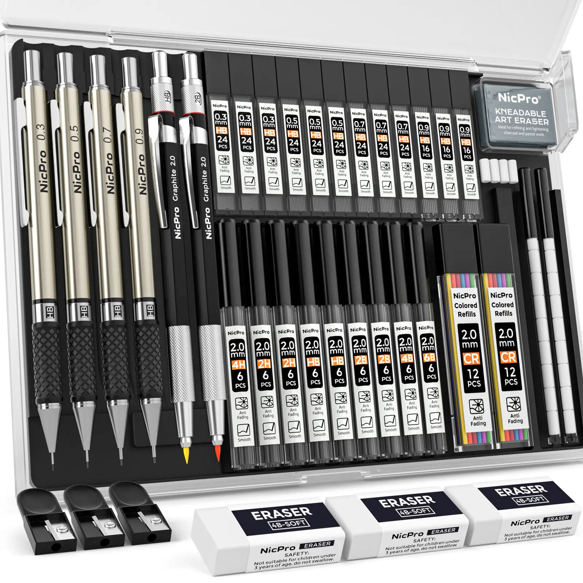 Nicpro 58-Piece Deluxe Leather Case Art Set - Office Stationery Kit with Sketchbook Art & Writing Tools, Artist Hand Drawn Supplies, Artist Quality Graphite Mechanical Pencils, 0.5/0.7/0.9/2mm Metal Drafting Pencils, 12-Micron Pen, 30 Lead Refills