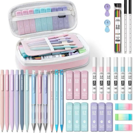 Nicpro 50 Pack Aesthetic School Supplies with Pen Case 5 Quick Dry Retractable Black Ink Pens 12 Pastel Highlighters 6 Pastel Mechanical Pencil Set 0.5 & 0.7 & 0.9 & 2.0 mm for Students Stationary