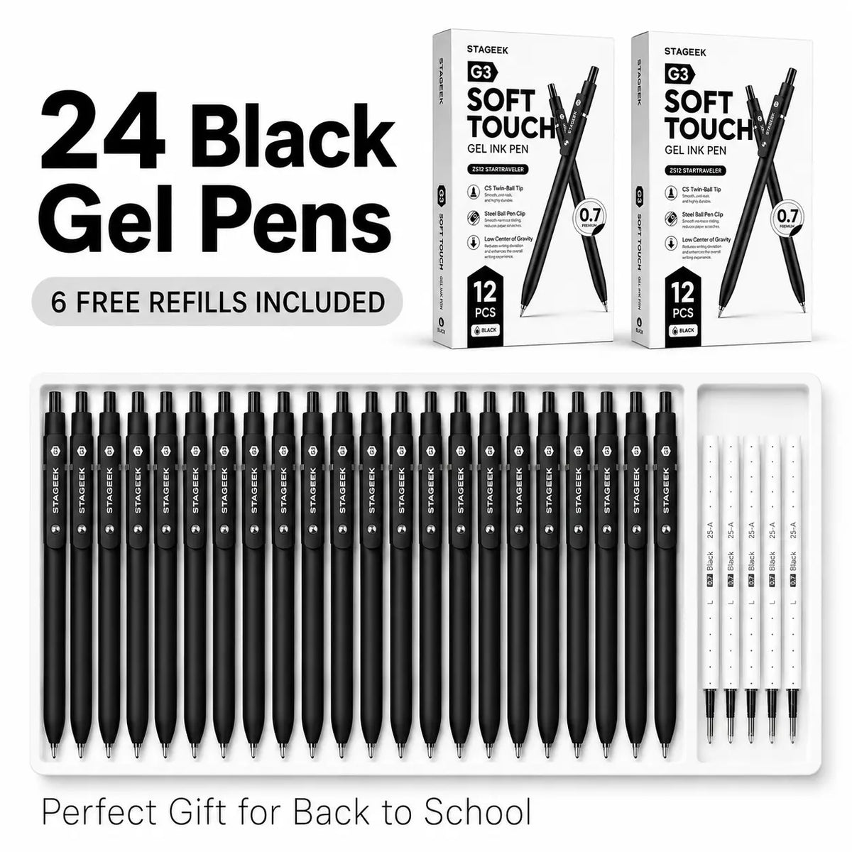 [Back to School Shopping] Minimalist Retractable Fine Nib Black Gel Pen Set (12Pcs, 0.7mm), 3 Extra Refills, Quick Dry, Smooth Writing Gift Pen for Office Work, Note Taking, College School Supplies, Students & Teachers, Work Accessories