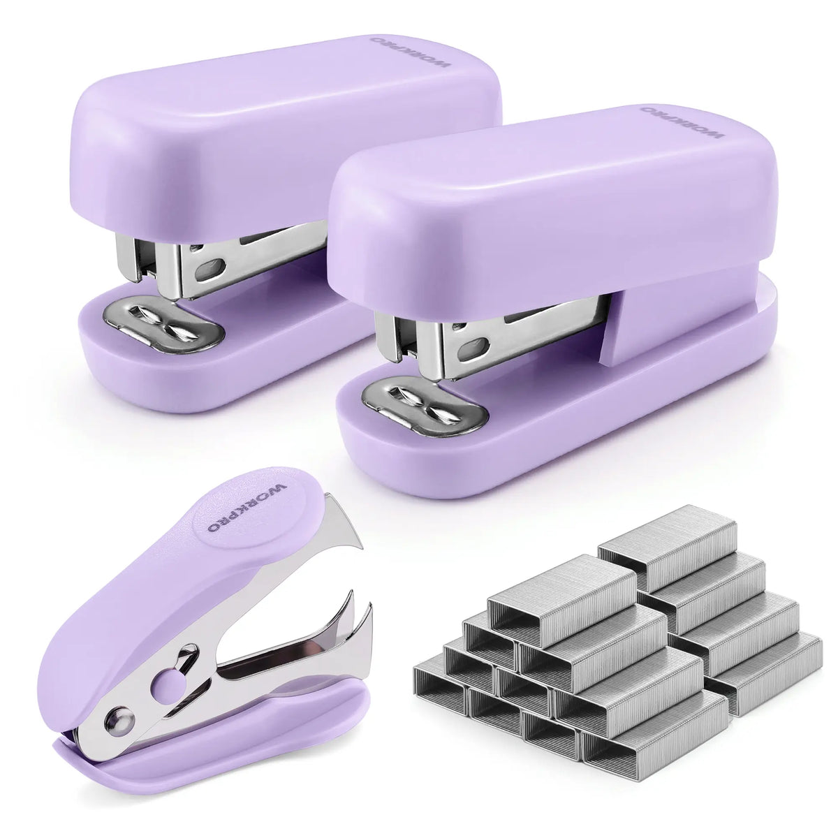 WORKPRO Cute Plastic Body Desk Stapling Set - Lock Design, 2 Mini Staplers, 1 Remover, 2000 Standard Pack Staples, Non-Slip Base, Colorful Office Stationery