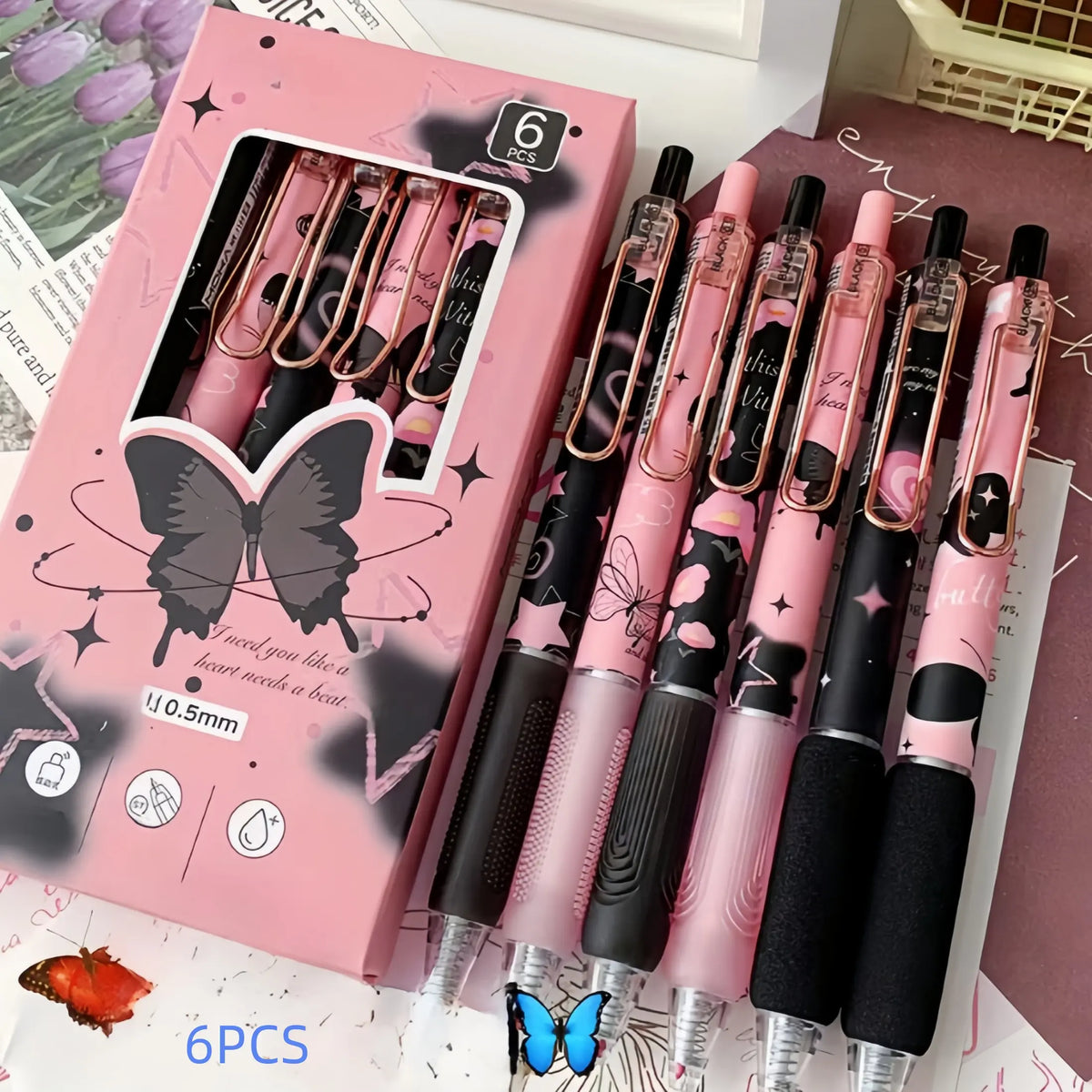 6-Piece Butterfly & Rose Design Retractable Gel Pens, Aesthetic Gel Pens, 0.5mm Fine Point, Smooth Writing Pens, Stationery Supplies for School, Office & Home
