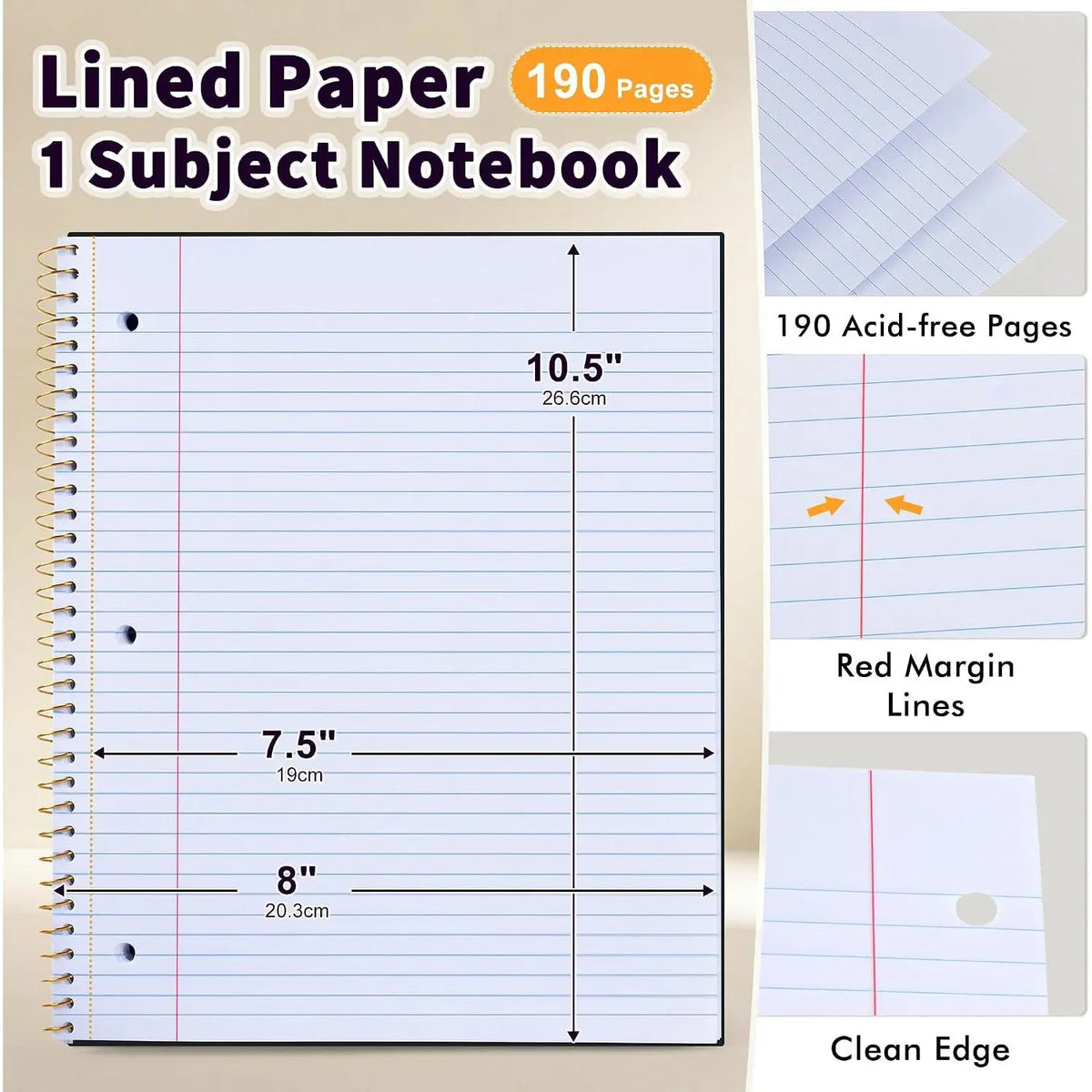 Spiral Notebook College Ruled Paper 8" x 10-1/2", 1 Subject Spiral Notebook, 3-Hole Punched Perforated Pages Ideal for School, Office, Writing, 95 Sheets Lined Journaling Notebook, Black
