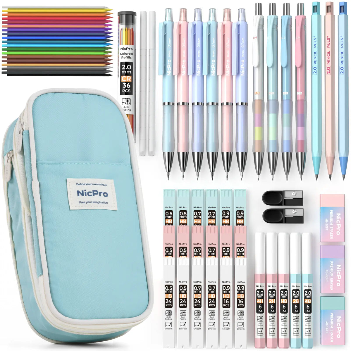 Nicpro Stationary Set, Cute Office & School Supplies with Big Capacity Pencil Pouch, 6 Pastel 0.5-0.7mm Smooth-Writing Mechanical Pencils & Markers for Students,back to school,back to school shopping,back to school,back to school haul