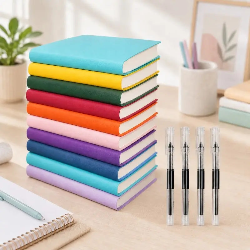 10-pack discounted soft leather mini pocket notebook — includes 4 pens; faux leather portable lined page notebook; compact planner suitable for school, office, travel, students; portable diary and planning booklet,sohochic