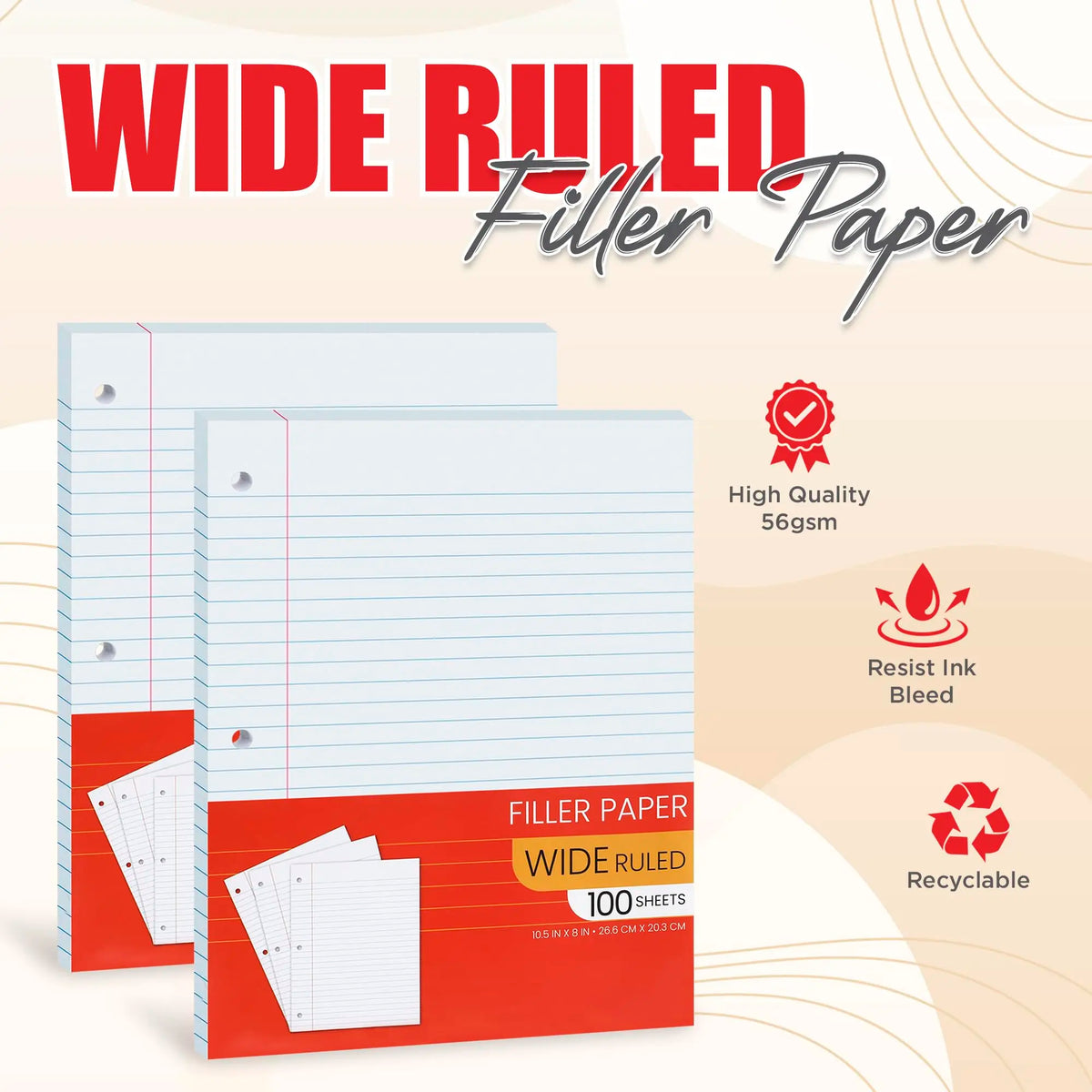 Wide Ruled Notebook Paper, 10.5” X 8" Loose Leaf Paper for Students, College, School - 100 Sheets