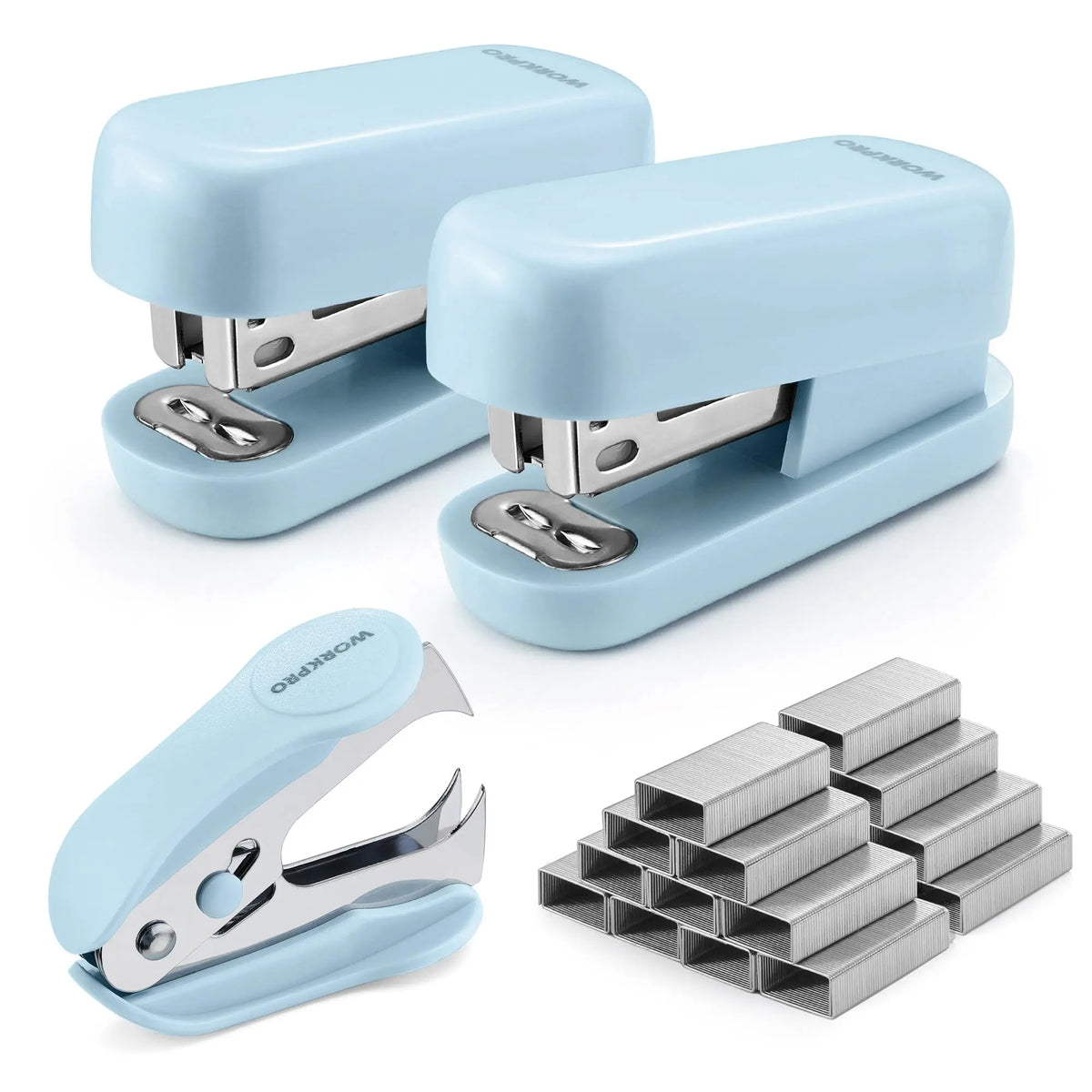 WORKPRO Cute Plastic Body Desk Stapling Set - Lock Design, 2 Mini Staplers, 1 Remover, 2000 Standard Pack Staples, Non-Slip Base, Colorful Office Stationery