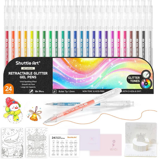 Shuttle Art Glitter Gel Pens, 24 Vibrant Sparkle Retractable Glitter Colored Gel Pens Set 1.0mm Bold Point Smooth Writing for Adults Coloring Books Drawing Doodling Scrapbooking Journaling,back to school,back to school shopping