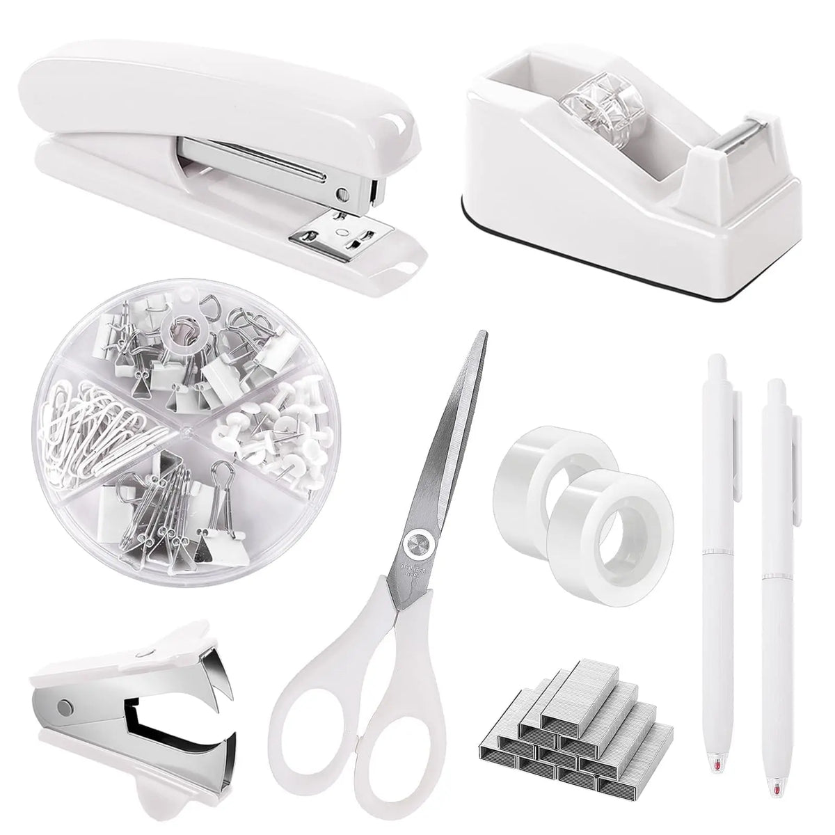 SKYDUE Pink Multifunctional Home Office Stationery Set - Office Accessories, Desk Accessories, Girly College School Supplies, Teacher Stuff, Space-Saver, Includes Stapler, Tape Dispenser, Scissors, Clips, 1000pcs Staples, Ideal for Women, Birthdays