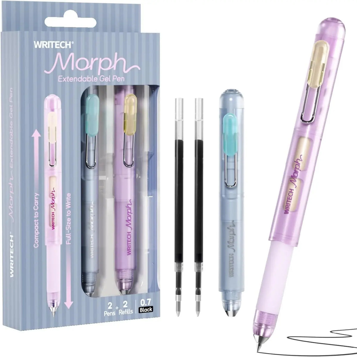 WRITECH Morph Extendable Gel Pen: 0.7mm Black Ink Mini to Full Size Soft Grip Portable Extendable Pocket Pen Set with 2 Pens and 2 Refills