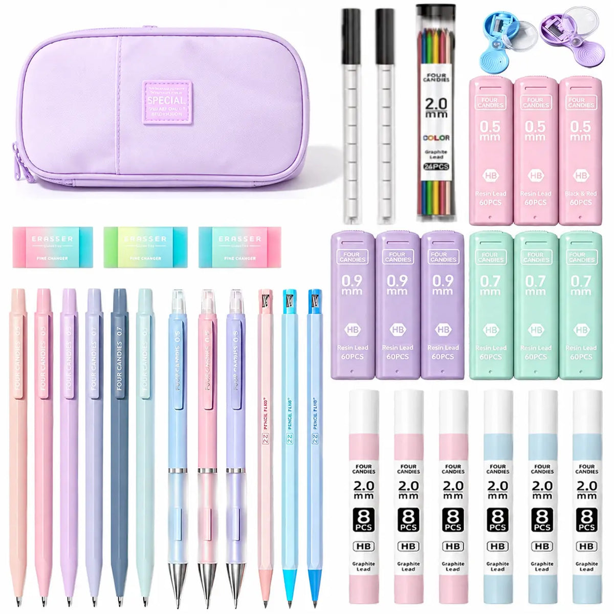Four Candies 36PCS Aesthetic School Supplies, Mechanical Pencils 0.5mm, 0.7mm, 0.9mm & 2.0mm with 624PCS Lead Refills, Cute Mechanical Pencils for Writing, Drawing & Drafting, Student Essentials, Back to School Supplies Shopping,back to school shopping
