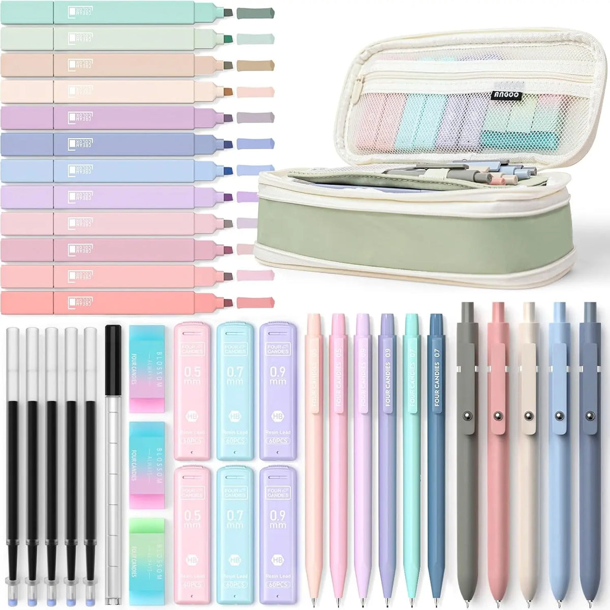 Four Candies 45 PCS Stationery Set with Pen Case, College Supplies and Nursing Student Essentials, 12 Pastel Highlighters, 6 Black Gel Pens, 6 Mechanical Pencils, Back to School Supplies Shopping