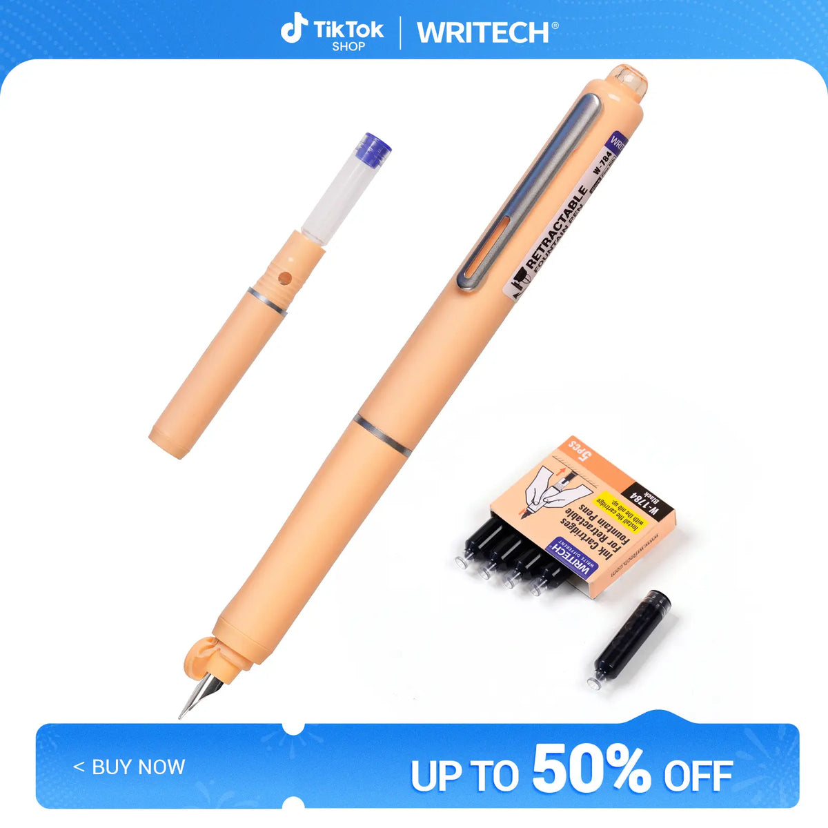 WRITECH Clictek Fountain Pen Set Retractable Style Blue Ink Medium Nib Transparent Barrel, Includes 5 Ink Cartridges for Gift Set Writing Tools Stationery Office Supplies