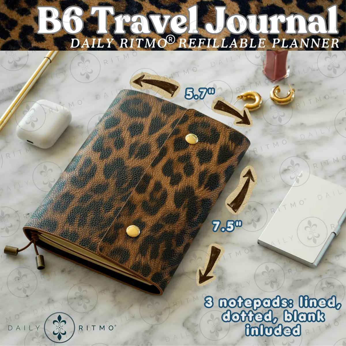 DAILY RITMO B6 Leopard Print Travelers Notebook - Interchangeable Travel Journal with 3 Refillable Hand-Sized Stationary Notebooks, Small Planner, Office Supplies, The Notebook, Planner Journal