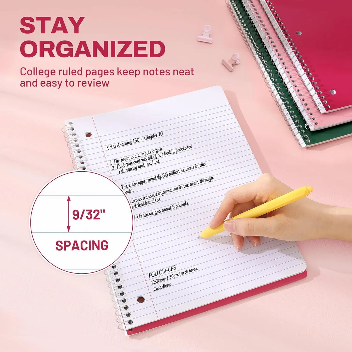 Modern Spiral Notebooks 3-Pack, 1-Subject College Ruled, 8" x 10.5", 70 Sheets Each, Cherry & Green, Back to School Office Stationery for College School Supplies Haul